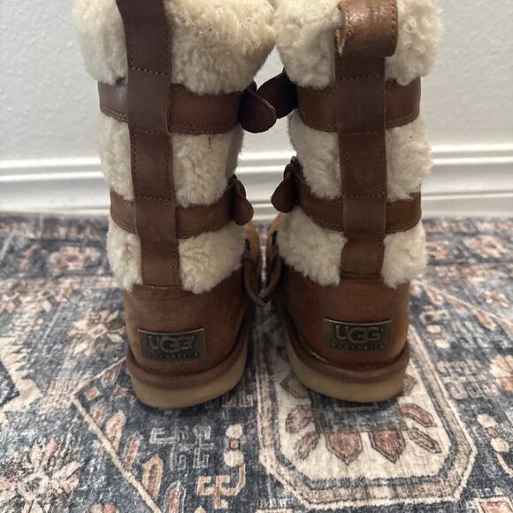 Ugg Women's Brown Suede Becket Mid Calf Pull On Winter Shearling Buckle Boots 6 - Picture 4 of 7